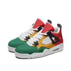 Our vibrant Rasta Shoes and Sneakers for Men and Women brings you into the soulful world of Rastafarianism. These basketball-inspired sneakers are a celebration of culture and music, infused with the iconic Rastafarian symbols. Made for the eco-conscious and the fashion-forward, these sneakers are perfect for making a bold statement. 🌟 Key Features: - 100% vegan leather, combining ethical practices with premium quality. - Our soft EVA soles and TPR outsole provides both shock absorption and las Rastafarian Symbols, Rasta Shoes, Funky Sneakers, Rastafarian Culture, Sneakers Trendy, Rasta Colors, Air Ventilation, Sneakers Athletic, Gym Shoes