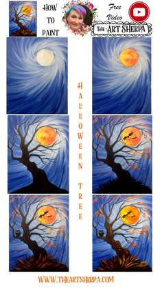 four different pictures of the same tree in front of an orange moon and blue sky