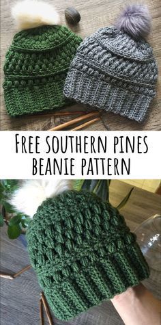 two knitted hats with text that reads free southern pines beanie pattern