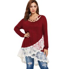 Plus Size Lace Panel Layered T-shirt - Red Wine - 3J86768110 - Women's Clothing, Plus Size Women's Clothing  #PlusSizeWomensClothing #Women's #Clothing # #Plus #Size #Women's #Clothing Ladies Long Top, Layered Tunic, Spring T Shirts, Plus Size Tees, Plus Size Lace, Layered T Shirt, Autumn T Shirts, Lace Outfit, Trendy Plus Size Clothing