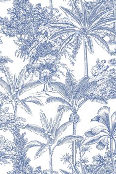 a blue and white tropical wallpaper with palm trees, plants and people on it