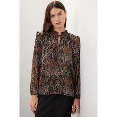 Black abstract chiffon (97% Polyester, 3% Metallic). Top. Long sleeves. Tie closure. 25.5" from shoulder to hemline. Made in the USA of imported fabric. Flowy Chiffon Blouse For Fall, Fall Flowy Chiffon Blouse, Elegant Flowy Blouse For Fall, Chic Patterned Tops For Fall, Formal Chiffon Blouse For Fall, Formal Chiffon Tops For Fall, Fall Season Formal Chiffon Blouse, Fall Evening Chiffon Blouse, Chic Long Sleeve Blouse With Abstract Print