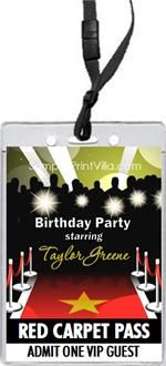 a red carpet pass is attached to a lanyard with an id tag that says, birthday party starting together