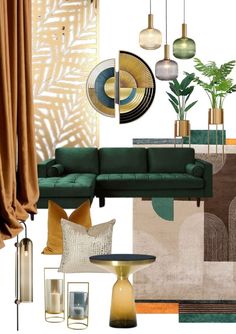 a living room with green couches and gold accents on the walls, flooring