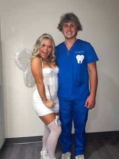 a man and woman dressed up as tooth fairy and doctor in white outfits standing next to each other