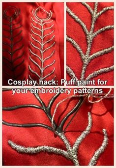 three different pictures with the words, cosplay hack but paint for your embroidery patterns