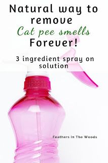 a pink spray bottle with the words natural way to remove cat pee smells forever 3 ingredient spray on solution