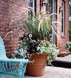 a large potted plant sitting on the side of a brick building next to a blue chair