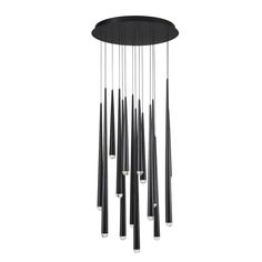 a black chandelier with eight lights hanging from it's center point and five circular rods in the middle