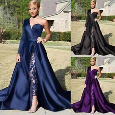 Jumpsuits Prom Dresses Detachable Skirt Evening Gown One Shoulder Side Slit 2pcs | eBay Ball Gown With Detachable Skirt, Prom Jumpsuit With Train, Jumpsuit With Detachable Skirt, 40th Photoshoot, Jumpsuit Prom Dress, Jumpsuit Prom, Wedding Dress Detachable Skirt, Gown One Shoulder, Pageant Evening Gowns