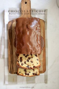 chocolate chip butter cake with good glaze on a cutting board