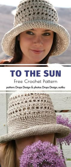 a woman wearing a crochet hat with the words to the sun on it