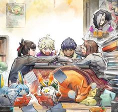 some anime characters are sitting in front of a pile of books and stuff on the floor