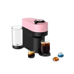 a pink and black coffee maker sitting next to two glasses filled with liquid on a white surface