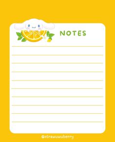 a note with an orange slice and bunny on the top, in green lettering that says notes