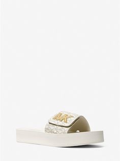 Logo Platform Slide Sandal | Michael Kors Michael Kors White Leather Sandals, Logo Print Slip-on Sandals For Summer, White Michael Kors Sandals For Spring, White Canvas Sandals For Summer, Summer Slip-on Sandals With Logo Print, Michael Kors White Sandals For Spring, White Fabric Round Toe Sandals, Slip-on Sandals With Logo Print For Summer, Casual White Canvas Sandals