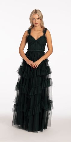 Camille La Vie Multi Tiered Tulle Ballgown with Satin Waist Accent Tulle Ballgown, Tiered Prom Dress, Black Women Dress, Hunter Green, Fitted Bodice, Top Tier, Sweetheart Neckline, Gold Accents, A Wedding