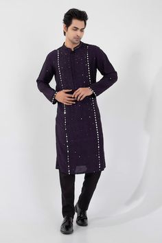 Purple kurta with mirror embroidery in geometric pattern. Paired with coordinating pant. - Aza Fashions Unstitched Kurta With Mirror Work For Festive, Designer Mirror Work Kurta For Eid, Eid Designer Kurta With Mirror Work, Navratri Long Sleeve Unstitched Suit With Mirror Work, Navratri Unstitched Long Sleeve Suit With Mirror Work, Festive Straight Kurta With Mirror Work, Cotton Party Kurta With Mirror Work, Party Cotton Kurta With Mirror Work, Bandhgala With Mirror Work For Diwali