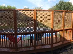 a wooden deck next to a swimming pool