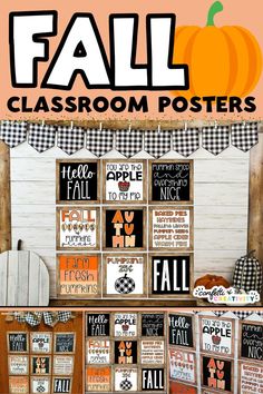 the fall classroom poster is displayed in an orange and black checkerboard background with pumpkins