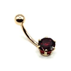 "14K Yellow or White Gold Solitaire Belly Ring with a 7mm Round \"January\" Birthstone Genuine Garnet -Piercing Type: Belly -Material: 14K Yellow Gold or White Gold -Gauge: 14G -Barbell Length: 7/16″, 11.11mm -Ball Size: 5mm -Gemstone Type: Garnet -Gemstone Color: Dark Red -Gemstone Size: 7mm -Number of Stones: 1 -Gemstone Shape: Round -Threading: External" Garnet Center Stone Yellow Gold Jewelry, Yellow Gold Garnet Jewelry With Center Stone, Gold Garnet Jewelry With Bezel Setting, Elegant Garnet Jewelry With Round Stone, Elegant Garnet Round Jewelry, Elegant Garnet Jewelry, Round Gold Gemstone With Center Stone, Garnet Birthstone Jewelry In Round Shape, Ruby Jewelry With Center Round Stone