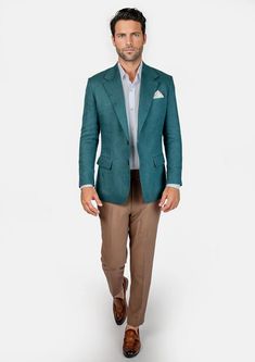 Stand out from the crowd in the Ellis Deep Teal Linen Jacket. Made from pure linen, this vibrant blazer keeps you looking sharp without compromising comfort. Expertly crafted to any style and custom made to your unique size. Look your best with this summer favorite. Long Sleeve Linen Suit For Fall, Fall Linen Long Sleeve Suits, Green Linen Suits With Notch Lapel, Linen Suits With Welt Pockets And Long Sleeves, Tailored Long Sleeve Linen Sport Coat, Tailored Linen Sport Coat With Long Sleeves, Spring Casual Tweed Jacket With Suit Collar, Fitted Linen Tweed Jacket With Long Sleeves, Green Linen Blazer For Formal Occasions