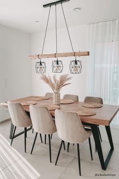 a dining room table and chairs in front of a window