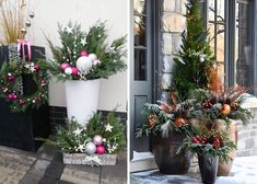 two pictures of christmas decorations in front of a door and on the side of a building