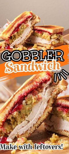 a sandwich cut in half with the words gobbler sandwich on it's side