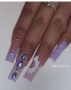 Lilac Purple Nails With Design, Lilac Nails Acrylic Lavender Square, Purple French Tip Nails With Rhinestones, Purple Nail Designs Quince, Extra Quince Nails, Lilac Prom Nails Acrylic, Lilac Long Nails, Lilac Nails Acrylic Design, Lilac Square Acrylic Nails