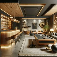 a pool table sitting in the middle of a living room with lots of furniture and lighting