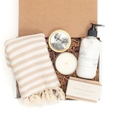 an open box containing soap, hand lotion and other items