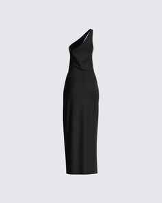 Dorian Black Cut Out Dress Black One-shoulder Sleek Maxi Dress, Black One Shoulder Sleek Maxi Dress, Sleek Black One-shoulder Maxi Dress, Sleek Black One-shoulder Midi Dress, Black Midi Dress With Asymmetrical Neckline For Date Night, Edgy Bodycon Evening Dresses, Black Maxi Dress With Cutout For Party, Edgy Asymmetrical Evening Dress, Sleek Black Dress With Asymmetrical Neckline