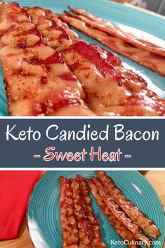 keto candied bacon sweet heart on a blue plate