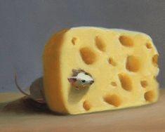 a painting of a piece of cheese with a mouse in it