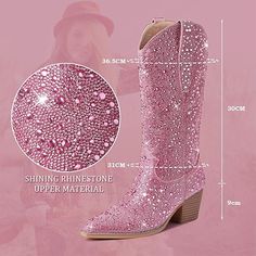 These Tall Blush Rhinestone Cowgirl Boots are sure to be a hit whatever you pair 'em with! From jeans to dresses and shorts to skirts, they are encrusted with a variety of sized rhinestones to add a bit of glam to your country roots. Plus, they have a 2.5" heel will keep you struttin' around with a little extra sass! Fit's as expected. Pink Sparkly Cowboy Boots, Pink Rhinestone Cowboy Boots, Western High Heel Rhinestone Boots, Pink Metallic Cowgirl Boots, Rhinestone Cowgirl Boots, Luxury Knee-high Rhinestone Boots, Weekend In Nashville, Rhinestone Cowgirl, Ashley White