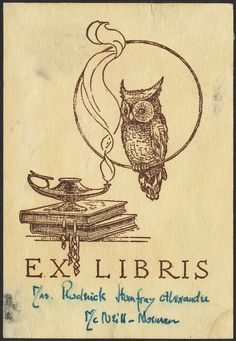 an old book with an owl sitting on top of it and the title ex libris