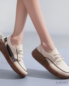 Lasaky - Stylish Lace-up Platform Sneakers for Women, Providing Optimal Comfort with Thick Soles Leather Canvas Shoes Flat For Spring, Flat Leather Canvas Shoes For Spring, Leather Flat Canvas Shoes For Spring, Spring Leather Flat Canvas Shoes, Beige Walking Shoes With Textured Sole And Round Toe, Beige Lace-up Shoes With Flat Rubber Sole, Beige Lace-up Shoes With Rubber Sole And Flat Heel, Comfortable Lace-up Shoes With Rubber Sole, Brown Canvas Shoes With Rubber Sole For Spring