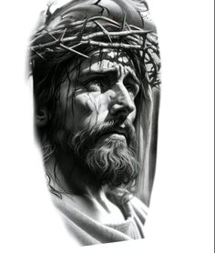 a black and white photo of jesus wearing a crown of thorns on his head