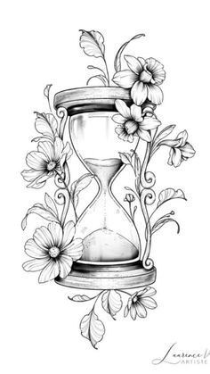 an hourglass with flowers and leaves on the bottom is drawn in pencil by hand