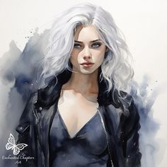 a painting of a woman with white hair and blue eyes, wearing a black leather jacket