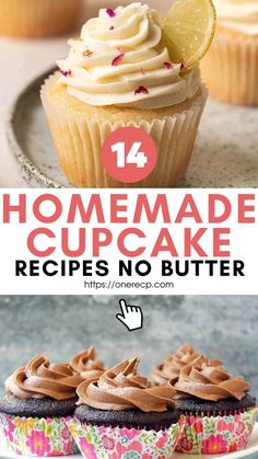 homemade cupcakes with frosting and chocolate icing on top are shown in this collage