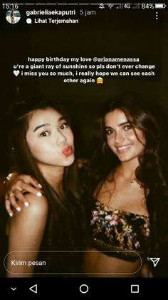 two beautiful young women standing next to each other in front of a dark background with an instagram message