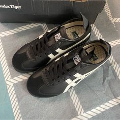 Brand New Size: Eu 40.5 (Men's 7.5 Or Women's 9) Black Laces Onitsuka Tiger Mexico 66 Black, White Leather Sneakers, Asics Shoes, Onitsuka Tiger, Black Laces