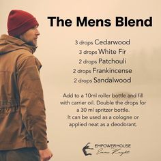 The mens blend - cedarwood, white fir, patchouli, frankincense and sandalwood Essential Oil Cologne, Essential Oil For Men, Essential Oil Perfumes Recipes, White Fir, Essential Oil Diffuser Blends Recipes, Oils For Men, Diy Kosmetik, Essential Oil Blends Recipes, Essential Oil Mixes