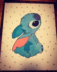 a drawing of a blue stuffed animal sitting on top of a white sheet with polka dots