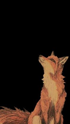 a drawing of a fox sitting on the ground looking up at something in the sky