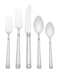 an assortment of silverware including spoons, forks and knives on a white background