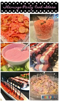 a collage of different food items including meats, dips and salads