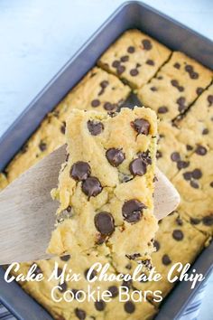 chocolate chip cookie bars in a baking pan with a wooden spatula and title overlay